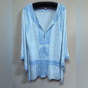 🌊 CALYPSO ST. BARTH Etassa Blue Draped Trumpet Sleeve Boho Linen Tunic T…